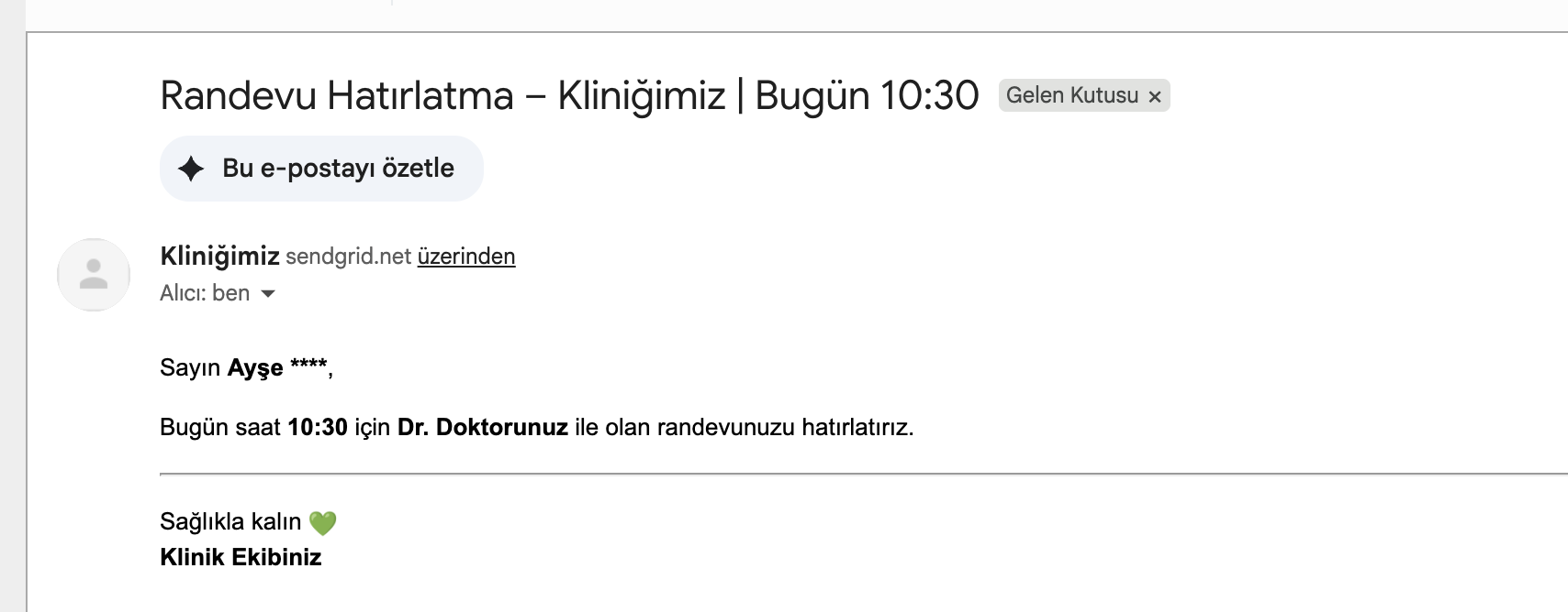 Randevu hatırlatma e-postası