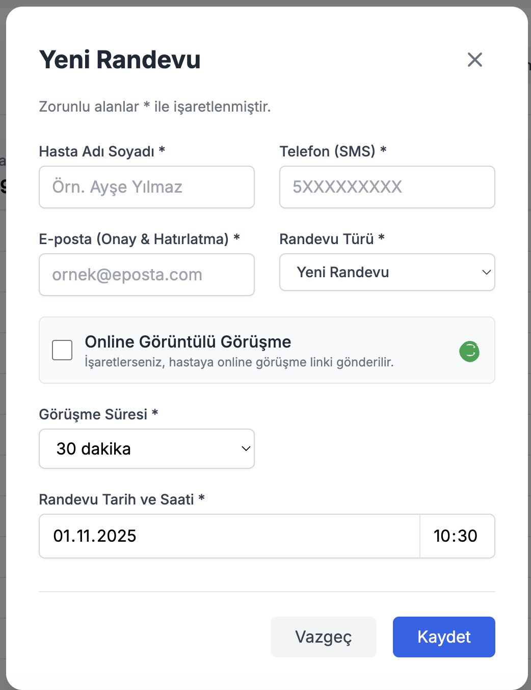 Yeni Randevu penceresi